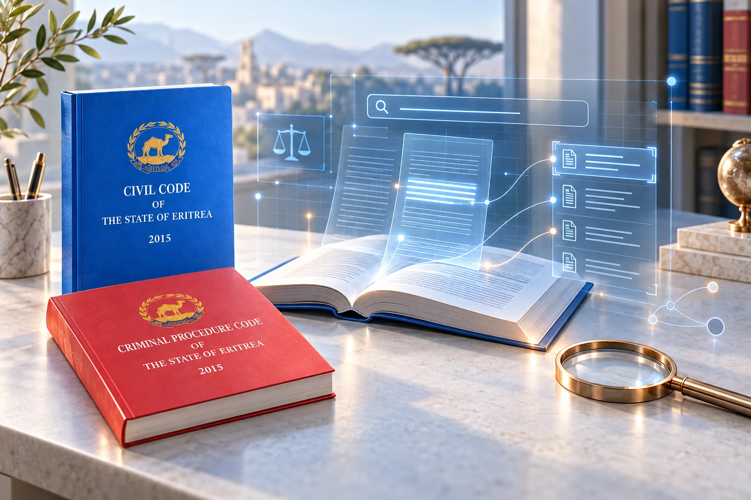 Eritrean legal code books with a searchable digital-library interface